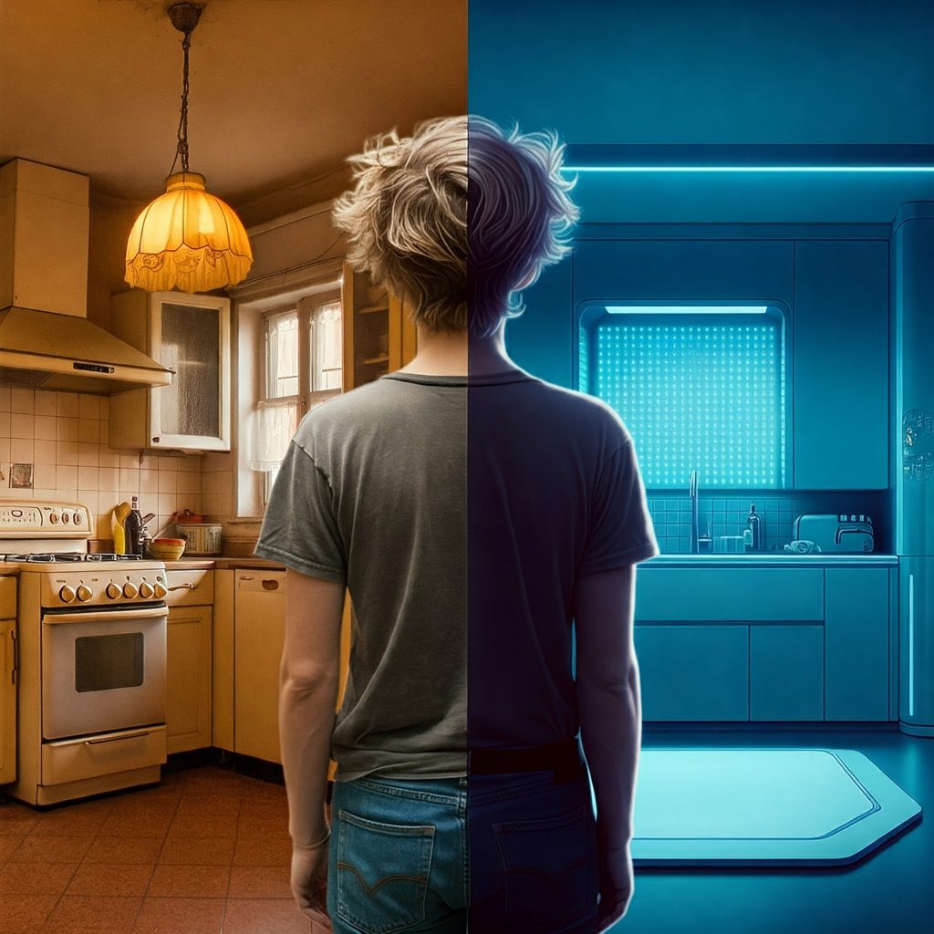 A split image comparing a traditional home with a smart home, highlighting energy efficiency differences.