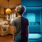 A split image comparing a traditional home with a smart home, highlighting energy efficiency differences.