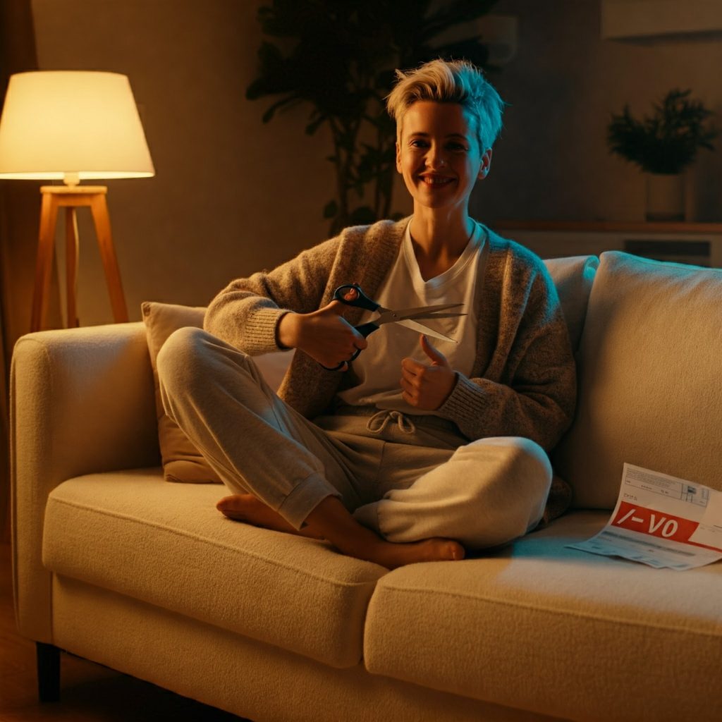 A person joyfully cuts their electricity bill in half while relaxing on a sofa in a smart home filled with technology.