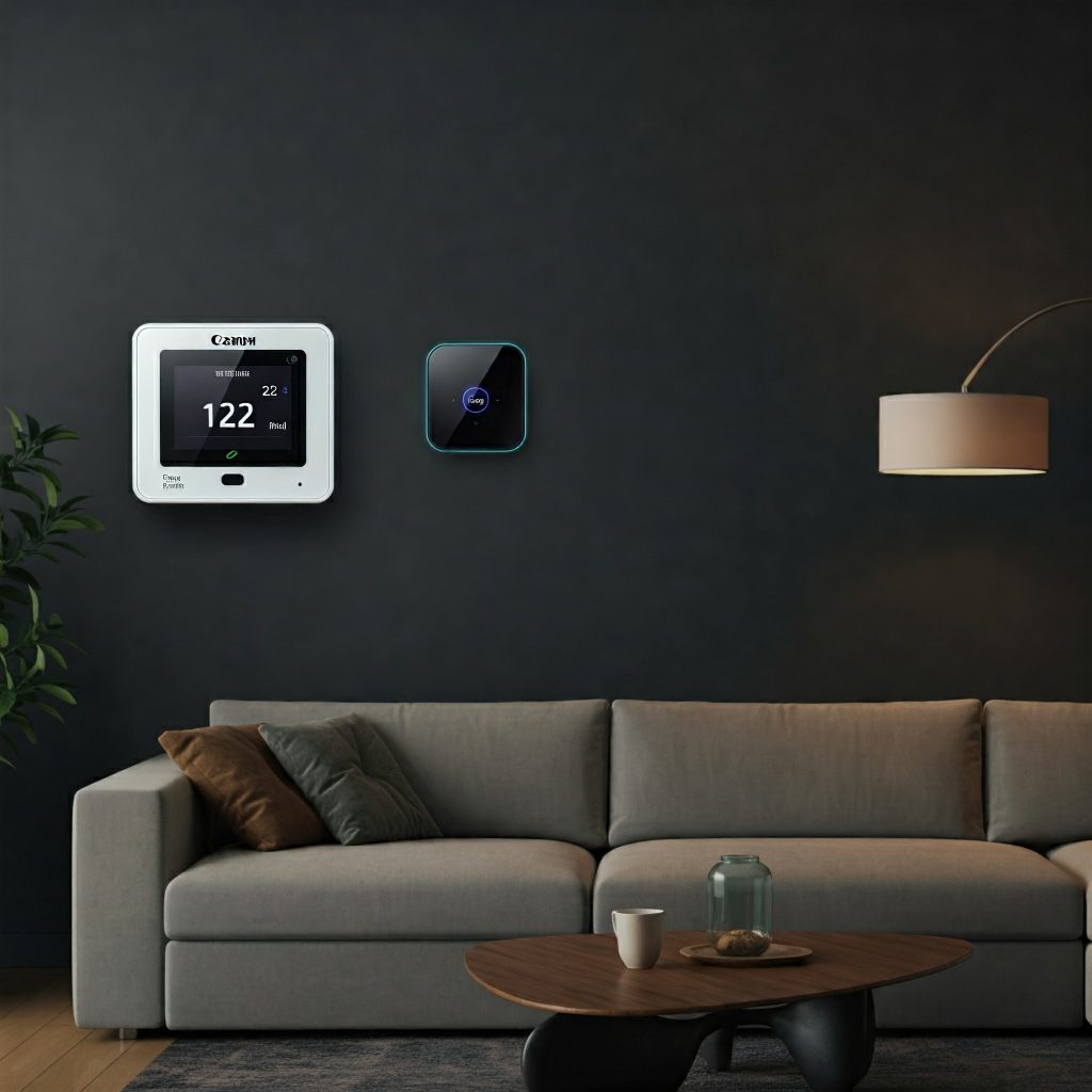 A smart thermostat on a wall in a modern living room.
