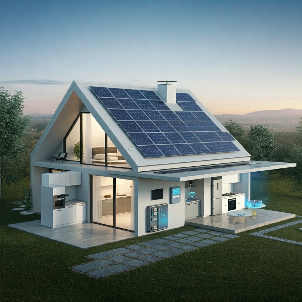 A futuristic smart home with solar panels, smart appliances, and a central energy management system, representing the future of energy-efficient living.