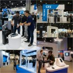 A collage of people exploring interactive exhibits at CES.