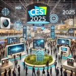 An image showcasing the highlights of CES 2025 with a modern convention hall filled with displays of smart home devices, energy-efficient solutions, and sustainability-focused innovations. The hall is lively with attendees and industry professionals, featuring banners with 'CES 2025' and various technology exhibits like smart thermostats, voice assistants, and solar-powered gadgets.