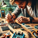 A person working on a DIY smart home project, soldering wires and connecting components on a circuit board. generate image