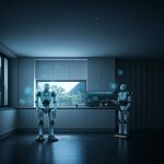 A futuristic smart home with robots cleaning and cooking, lights turning on and off automatically, and windows opening and closing on their own.