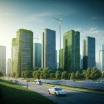 A lush, green cityscape with towering skyscrapers covered in solar panels, electric cars driving on the streets, and wind turbines spinning in the background.