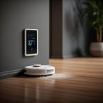 A futuristic smart home with robots cleaning and cooking, lights turning on and off automatically, and windows opening and closing on their own.