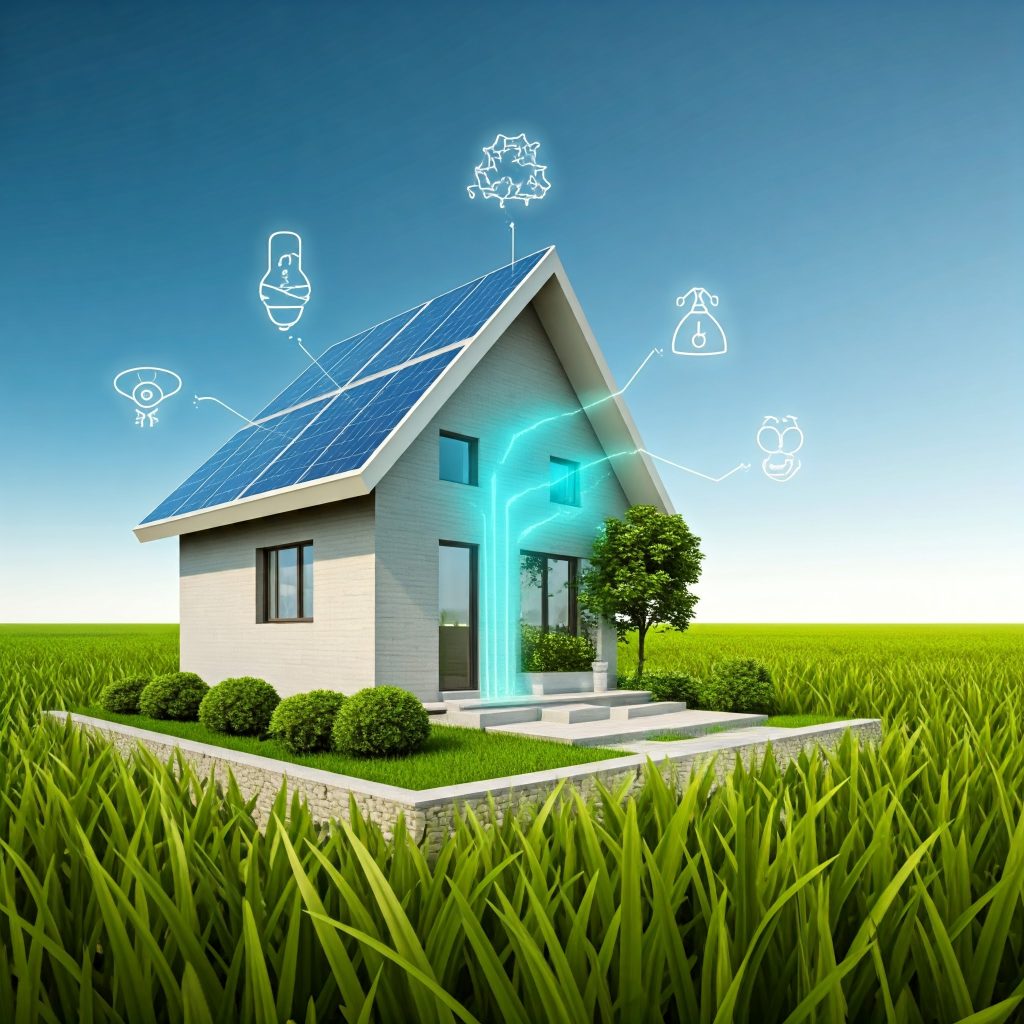 v Detailed diagram of a smart home's energy-saving systems and sustainable materials, including solar panels, LED lighting, and green spaces, showcasing the harmonious integration of technology and environmental responsibility.