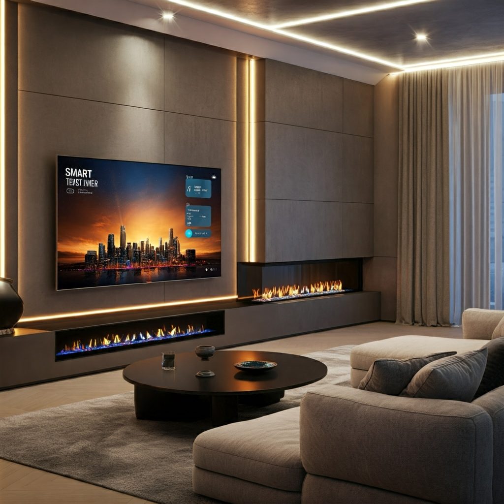 A futuristic living room with smart home features, including a large curved TV, a sleek fireplace, and comfortable furniture.