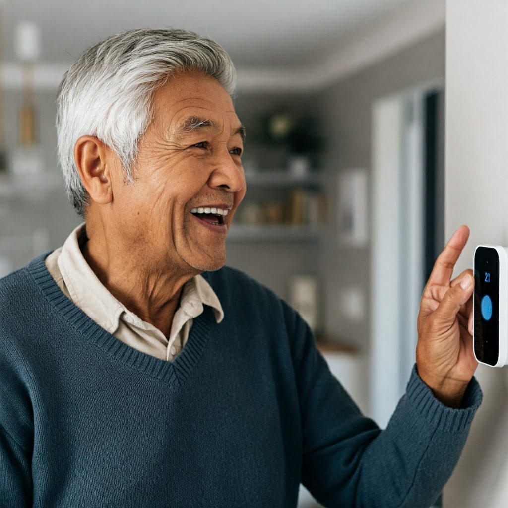 An elderly person using voice commands to control their smart home environment, with assistive technologies and safety features integrated into the home.