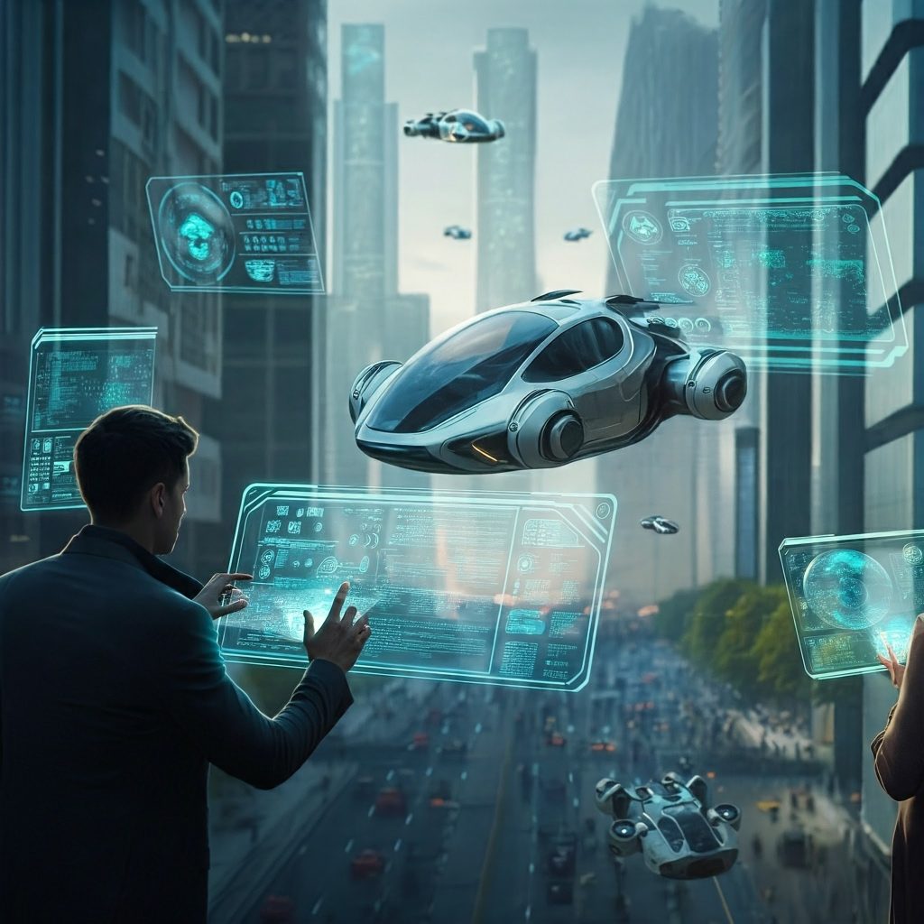 futuristic cityscape with holographic displays, flying cars, and people interacting with advanced robots and AI interfaces: CES 2025