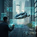 futuristic cityscape with holographic displays, flying cars, and people interacting with advanced robots and AI interfaces: CES 2025