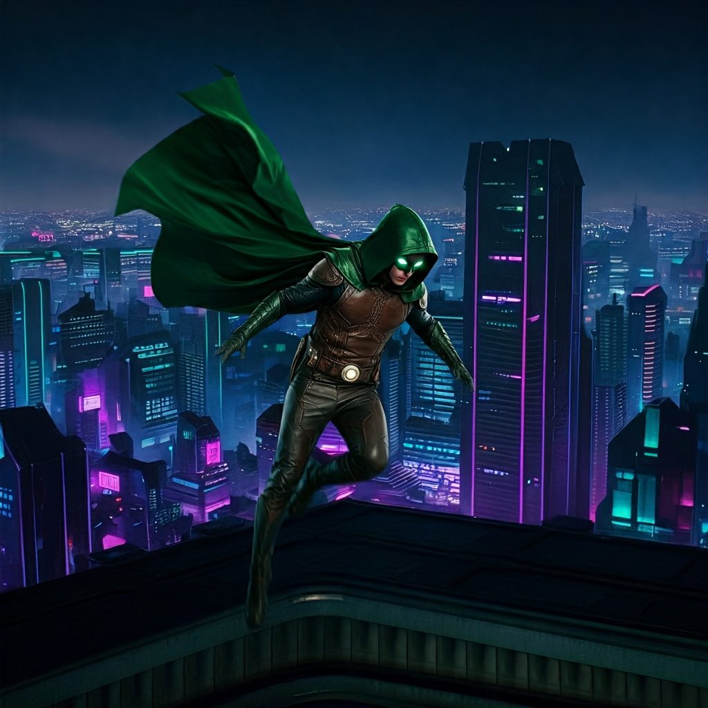 A superhero with glowing eyes and a green cape landing on a rooftop, overlooking a futuristic city lit by vibrant neon lights.