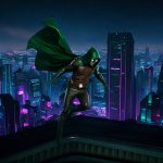 A superhero with glowing eyes and a green cape landing on a rooftop, overlooking a futuristic city lit by vibrant neon lights.