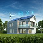A futuristic smart home with solar panels, wind turbines, and advanced energy management systems, representing the potential for a sustainable and energy-efficient future.
