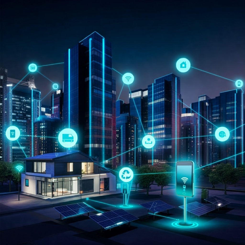 A futuristic city at night with illuminated buildings connected by glowing lines of data. A smart home in the foreground interacts with the city's infrastructure, showcasing interconnectedness and sustainability.