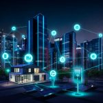 A futuristic city at night with illuminated buildings connected by glowing lines of data. A smart home in the foreground interacts with the city's infrastructure, showcasing interconnectedness and sustainability.