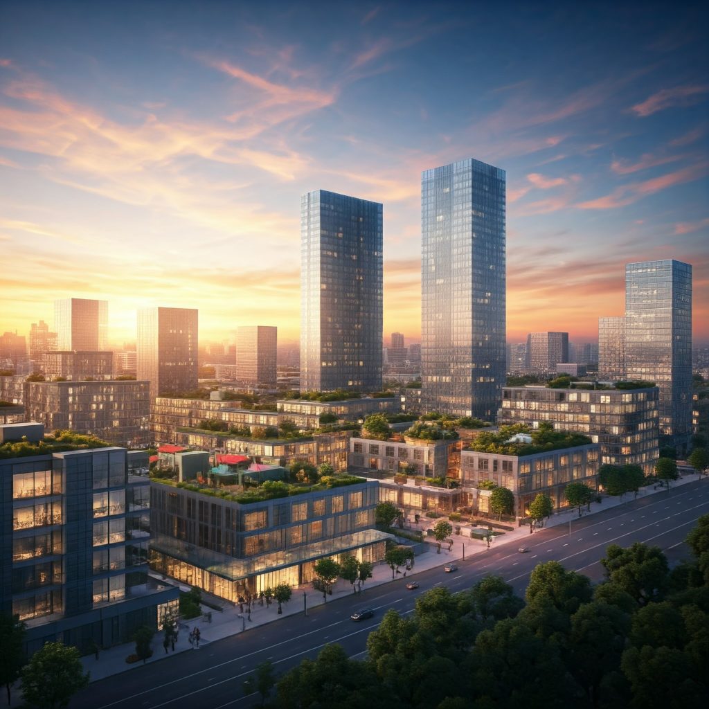 A futuristic cityscape with energy-efficient buildings and smart home technologies integrated into the urban landscape.