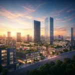 A futuristic cityscape with energy-efficient buildings and smart home technologies integrated into the urban landscape.