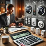 A person calculating their potential energy savings on a calculator, with various smart home devices displayed in the background.