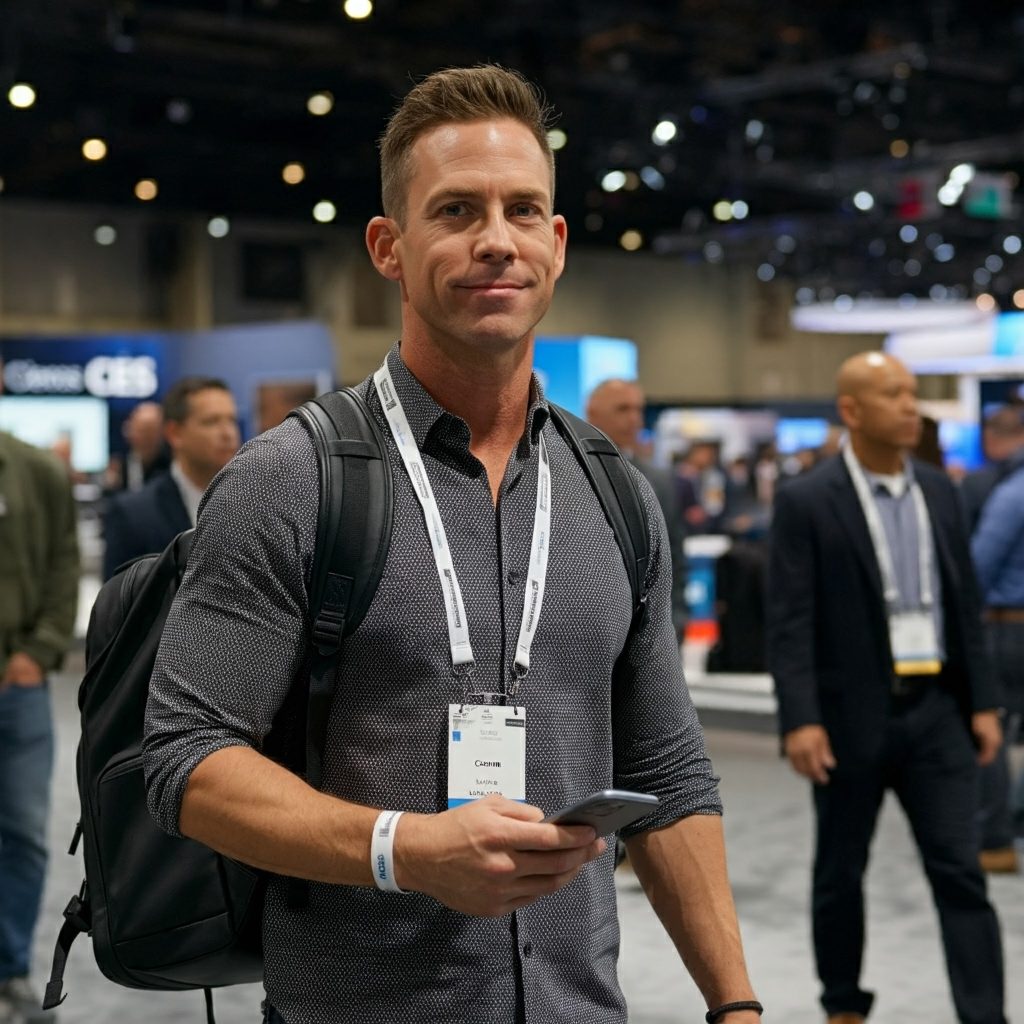 An attendee confidently navigates the busy CES show floor.
