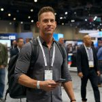 An attendee confidently navigates the busy CES show floor.