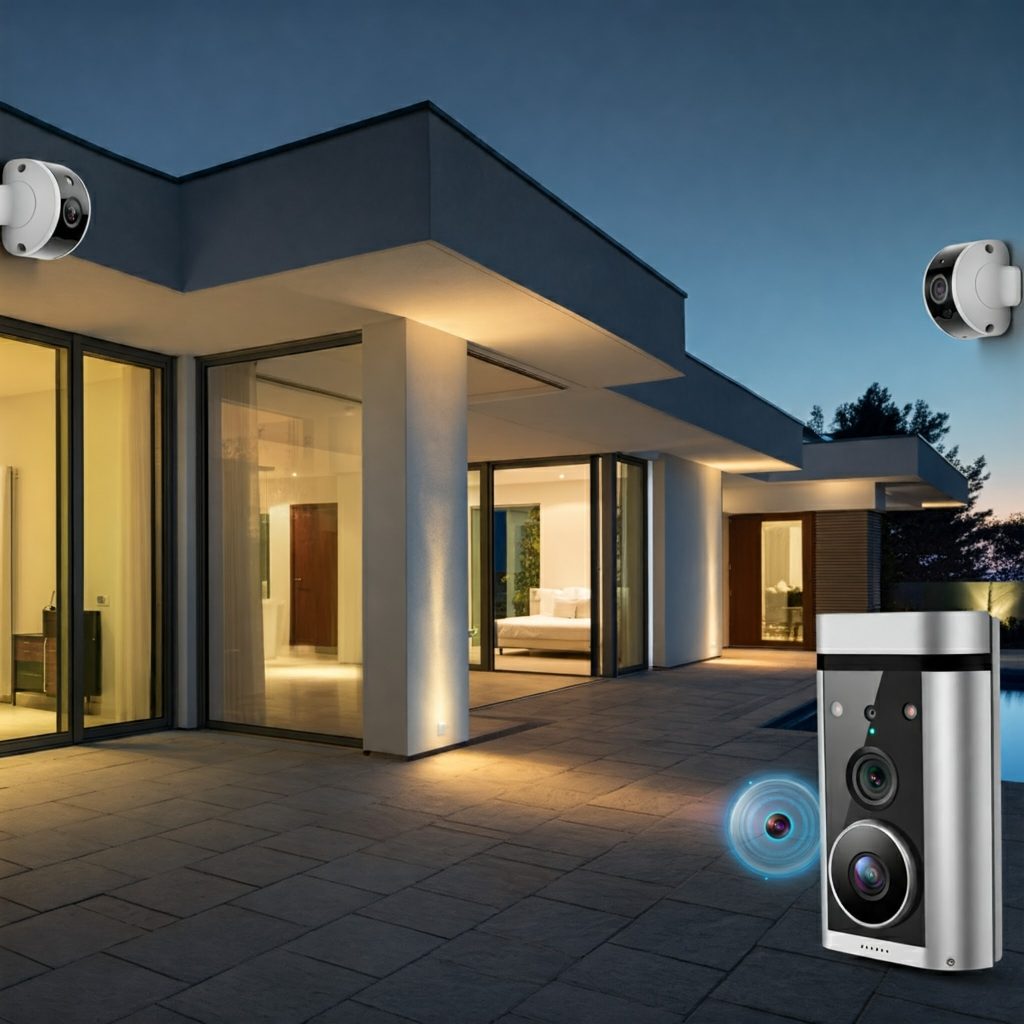 A modern home equipped with smart security cameras on its corners and a doorbell camera by the front door.