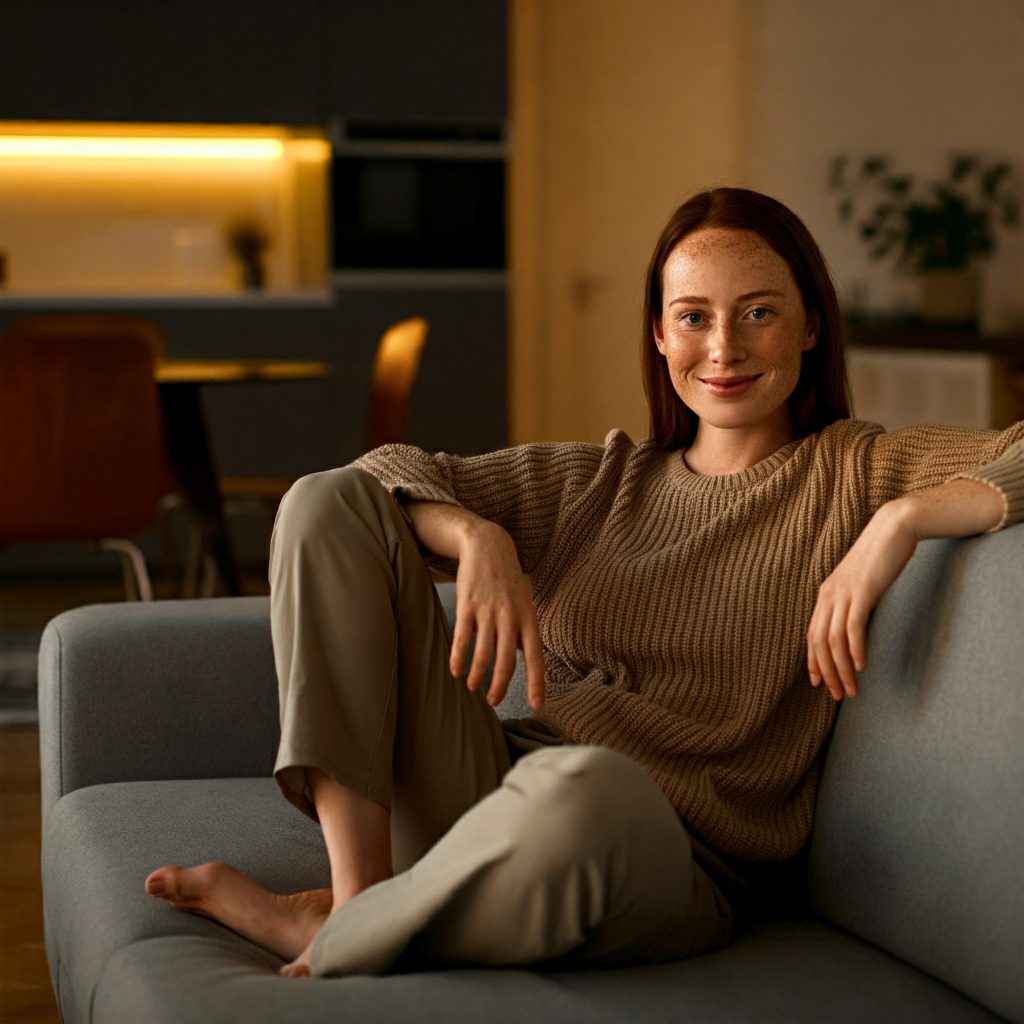 A person relaxing on a couch in a smart home, with the lighting, temperature, and music automatically adjusting to their preferences.