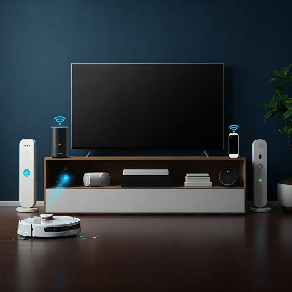 A modern living room with a variety of smart home devices, including a smart speaker, a smart TV, and a smart thermostat.