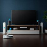 A modern living room with a variety of smart home devices, including a smart speaker, a smart TV, and a smart thermostat.