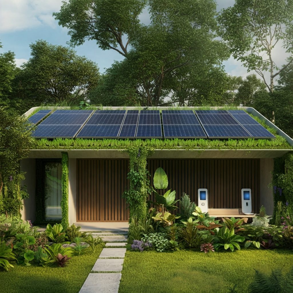 A modern smart home powered by solar panels, featuring smart lighting, smart appliances, and a lush green lawn.
