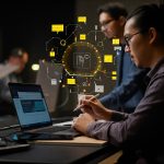 A photo of a group of people collaborating on a new technology project, showcasing the human element behind innovation