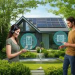 A sustainable smart home with solar panels, nestled in a lush green garden with blooming flowers. An elderly woman and a young man with dreadlocks use smart home devices to monitor energy and water consumption.
