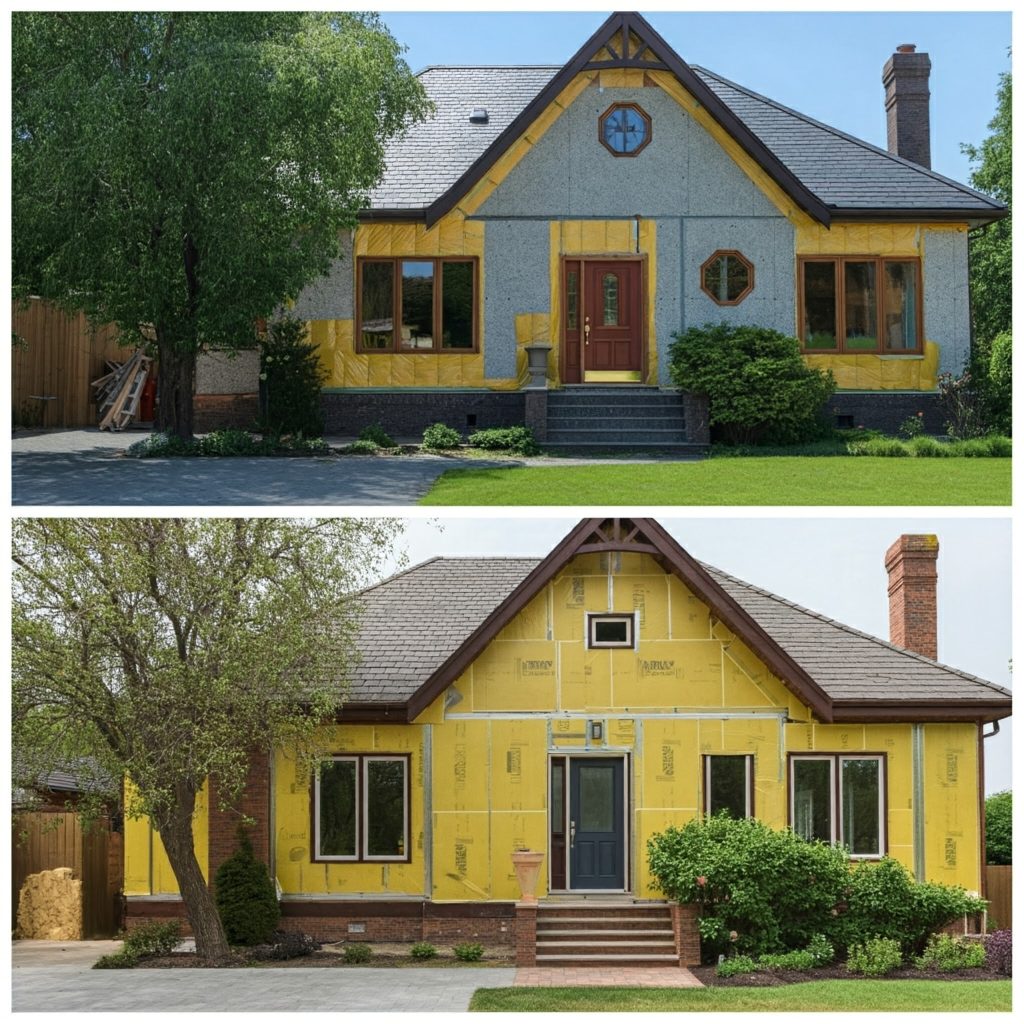A before-and-after image of a home's exterior. The "before" image shows a drab, outdated home with overgrown landscaping. The "after" image reveals a vibrant, modern home with solar panels, a well-maintained lawn, and energy-efficient windows. ces 2025