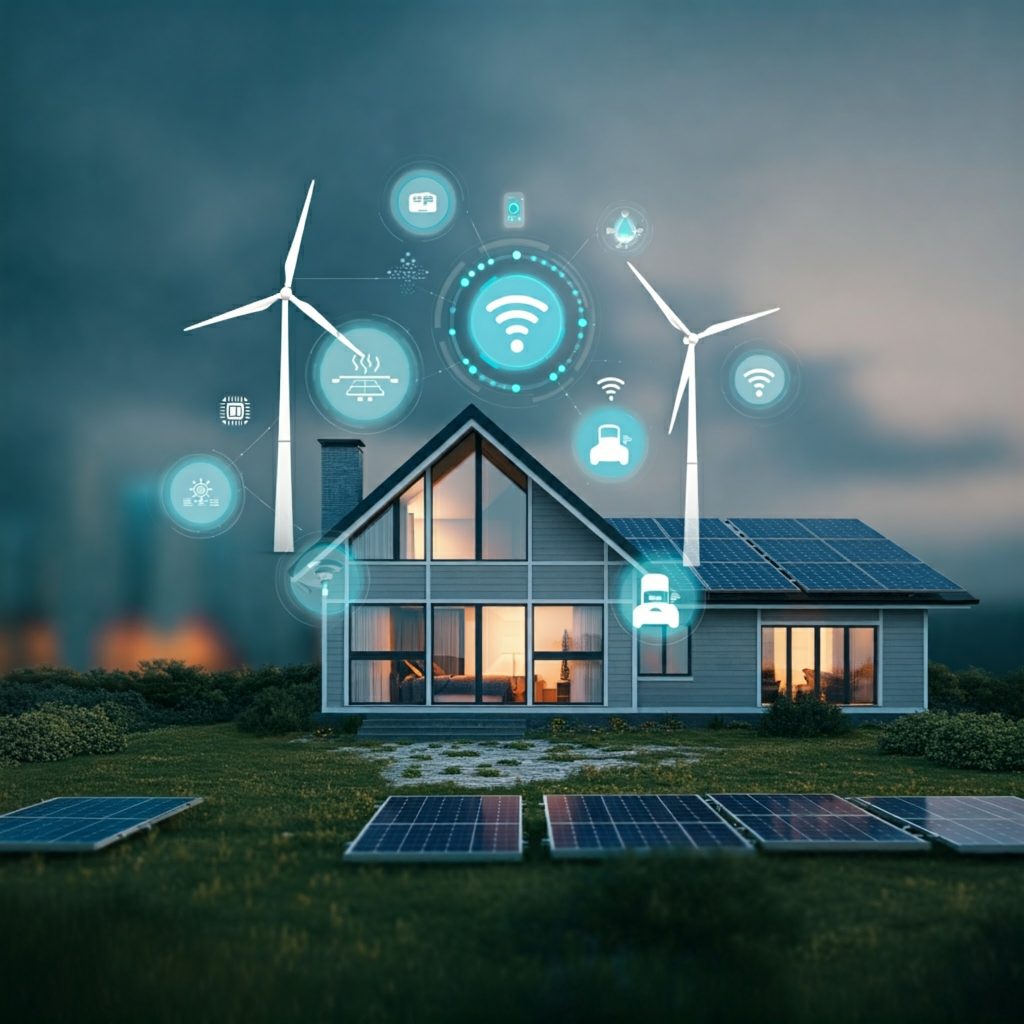 A futuristic, technologically advanced smart home, powered by solar panels and wind turbines, featuring AI, personalized comfort settings, and seamless automation.