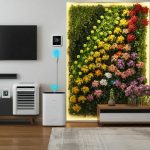 A modern living room bathed in warm, inviting light. Lush greenery from a vertical garden climbs the wall, adding a touch of nature to the space.