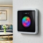A smart thermostat with a colorful display, mounted on a wall in a modern smart home., smart home, colorful display of smart thermostate, mounted on etc: