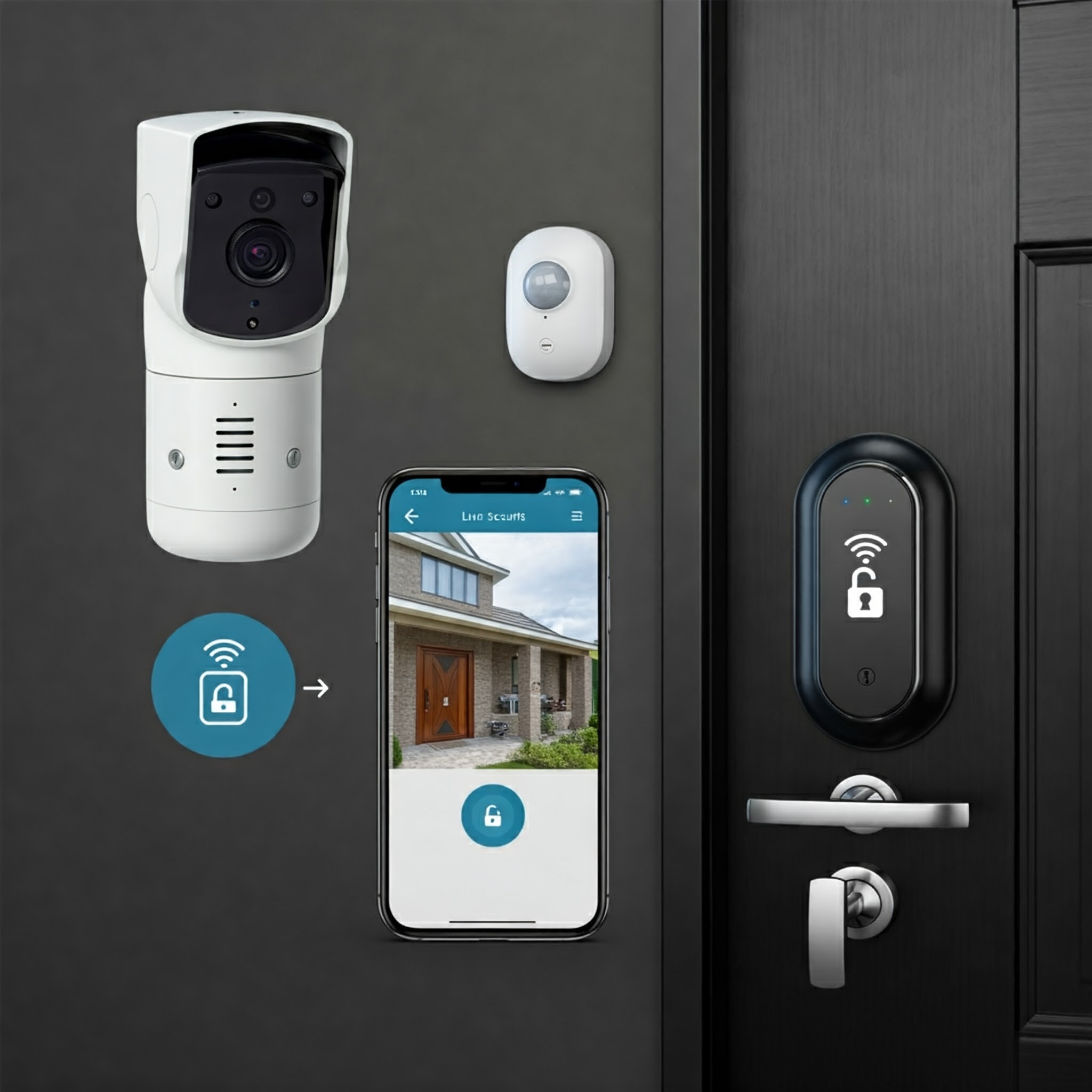 A smartphone displaying a home security app with camera footage, motion detection alerts, and smart lock controls.