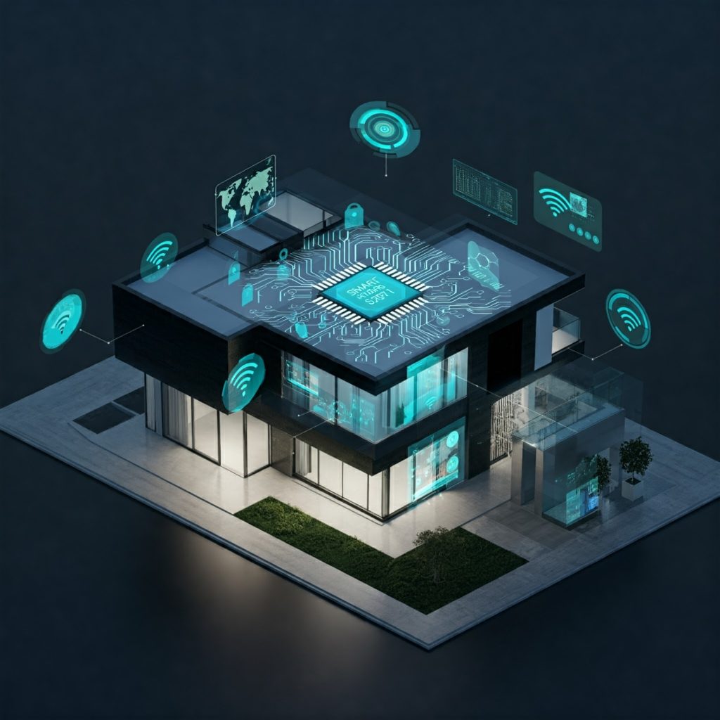 A modern smart home with AI-powered devices controlling lighting, temperature, and security.