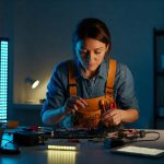 Hands soldering wires and connecting LED lights to a circuit board, creating a custom smart lighting solution.