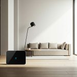 A sleek smart home device sits on a minimalist side table in a modern living room with large windows and natural light.