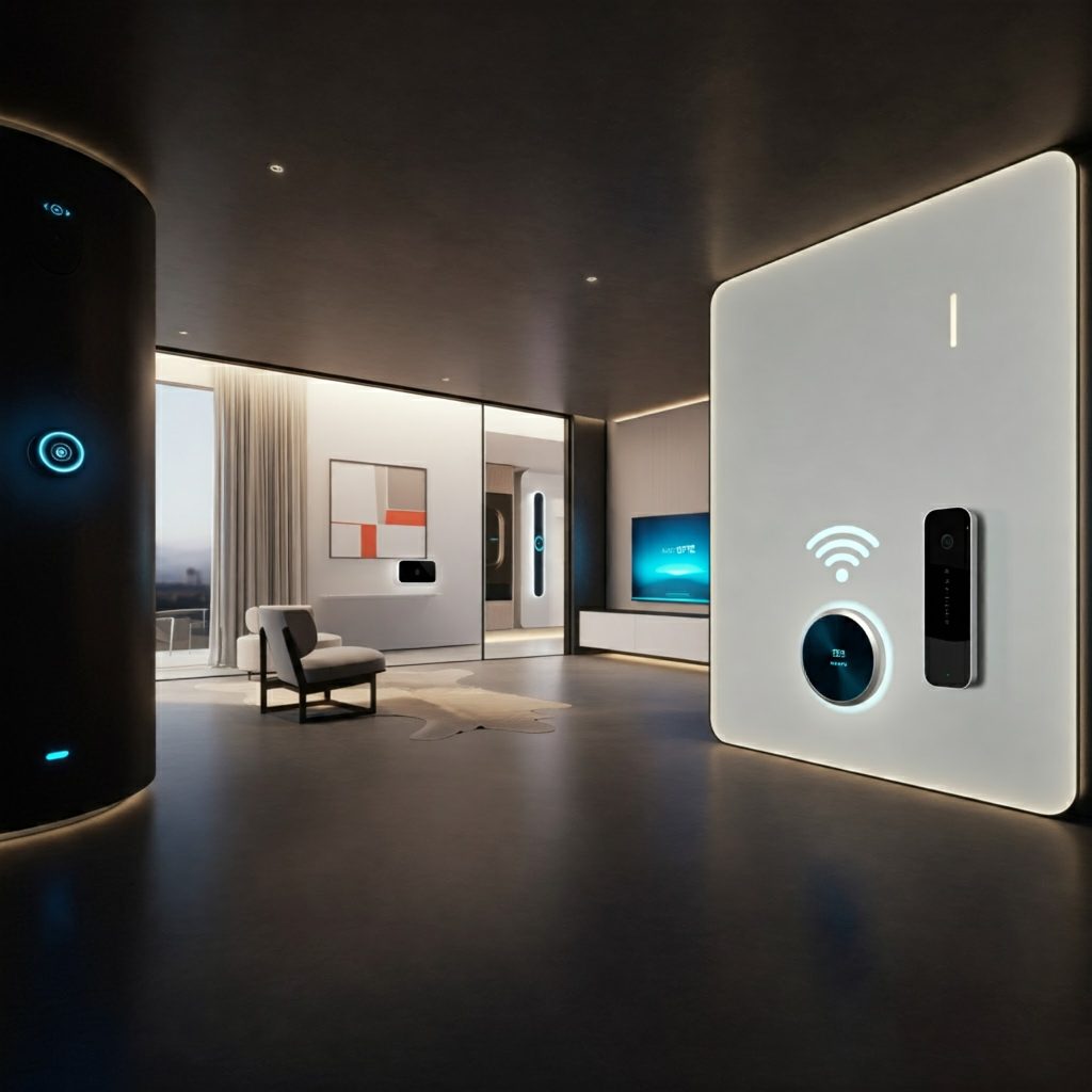 A futuristic living room with various smart home devices integrated into the environment.