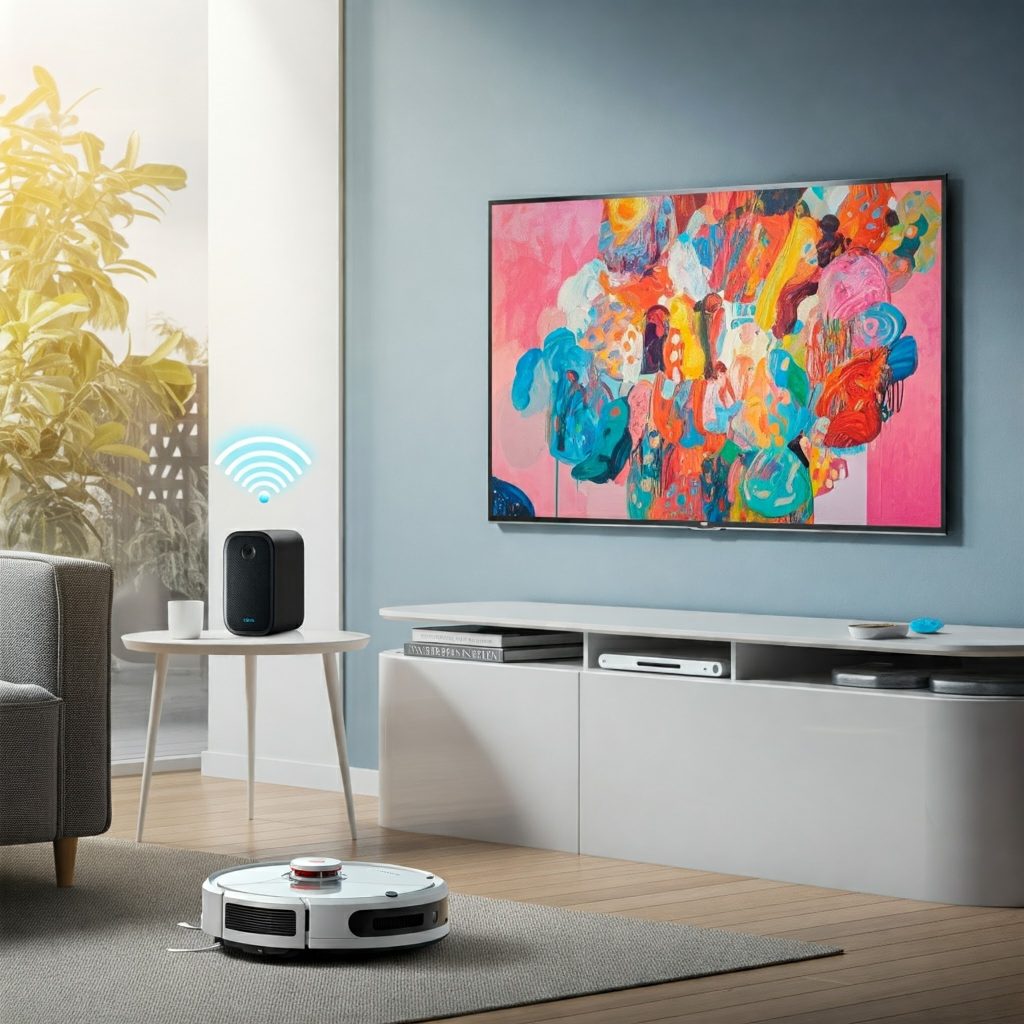 sleek, modern living room with integrated smart home technology