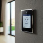 A smart thermostat on a wall, controlling the temperature of a home.