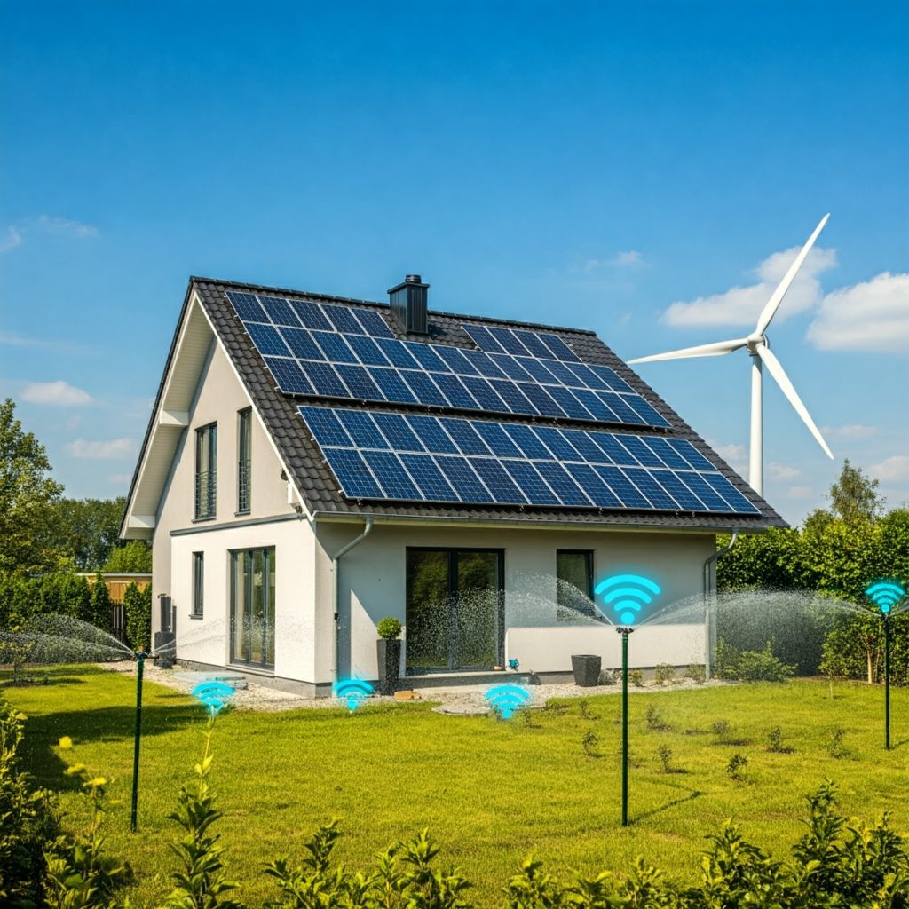 A sustainable smart home with solar panels, a wind turbine, and a smart irrigation system, all working together to reduce energy consumption.