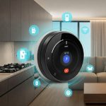 A smart thermostat with a colorful display, mounted on a wall in a modern smart home.