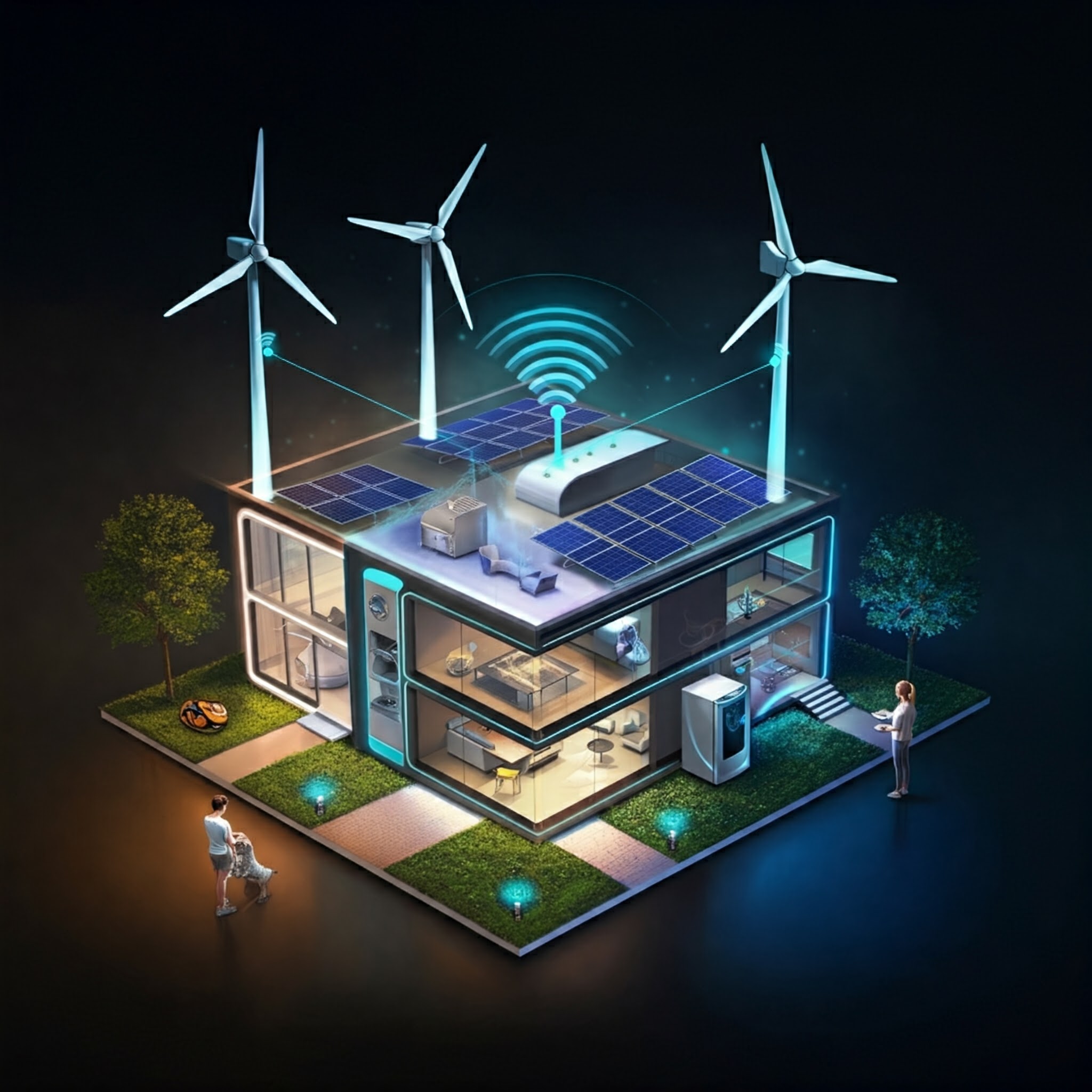 A futuristic city powered by renewable energy sources like solar panels and wind turbines. People interact with smart energy management systems.